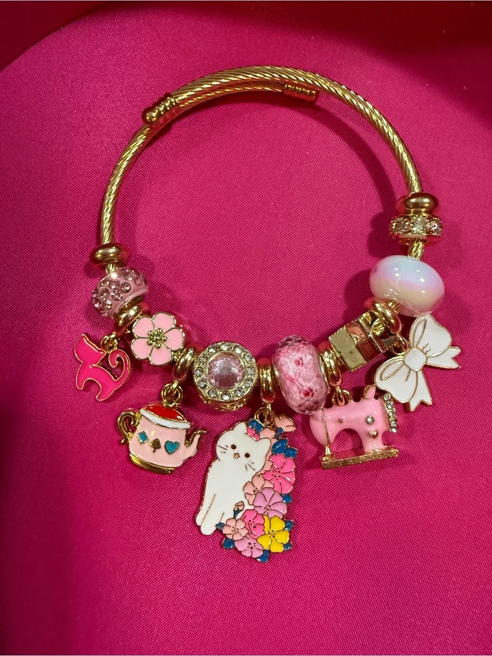 Pink and Gold Floral Cat Charm Bracelet for Kids